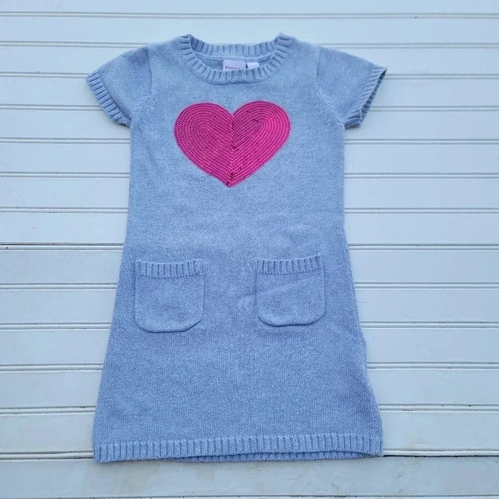 Sonoma Girl's Silver Gray Pink Short Sleeve Sweater Dress Heart Sequin Pockets 5